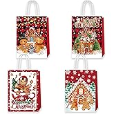 Lyosehy24Pcs Christmas Gift Bags, Gingerbread Man Holiday Paper Bags, Gingerbread Man Medium Christmas Gift Bags with Handles, Kraft Paper Bags Bulk, four Designs for Holidays Party Favors and Presents