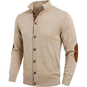 JMIERR Men's Stand Collar Knit Button Front Cardigan Sweater | Suede Elbow Patches, Two side Pockets, Soft Fine Knit, Long Sl