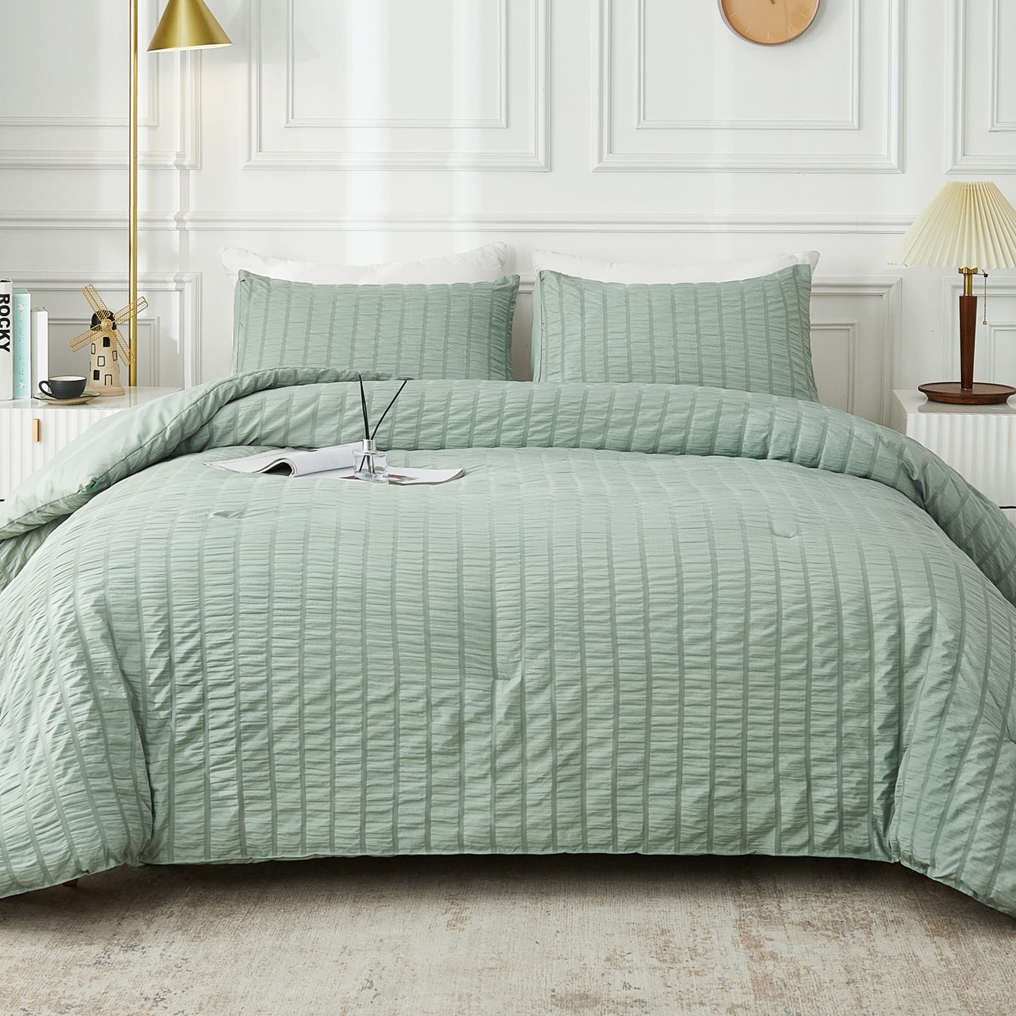 Photo 1 of AveLom Sage Green Seersucker California King Comforter Set (104x96 inches), 3 Pieces-100% Soft Washed Microfiber Lightweight Comforter with 2 Pillowcases, All Season Down Alternative Bedding Set