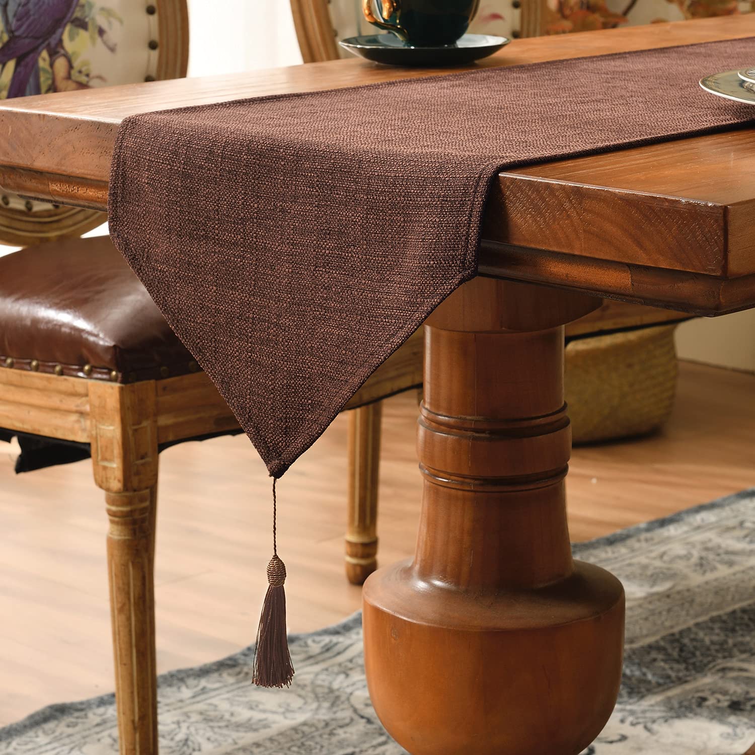 SEASHORE TREE Faux Linen Table Runner Waterproof Kitchen Table Runners Dresser Scarf With Tassel for Wedding Party Holiday Dining Decor (Brown 35×180 cm)
