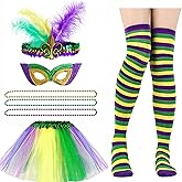 Mardis Gras Outfit for Women Mardis Gras Costume Accessories Set-Purple Green Gold Tutu Skirt Sequined Mask Feather Headband Striped Thigh High Stockings Beads Necklace for Carnival Party Decorations