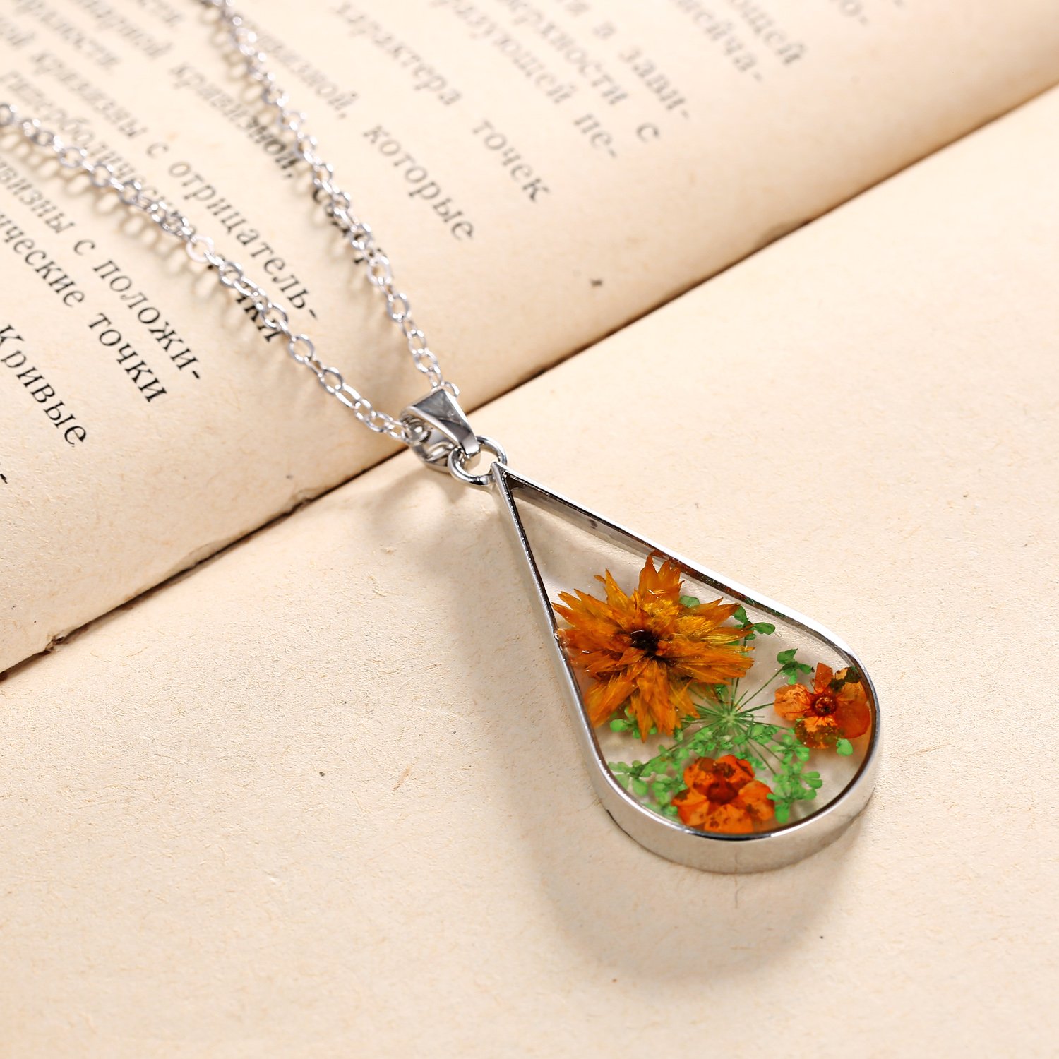 Rinhoo Silver Plated Handmade Real Dry Pressed Flower Cross Bar Shape Pendant Necklace Women Girls Jewelry (Teardrop(Yellow))