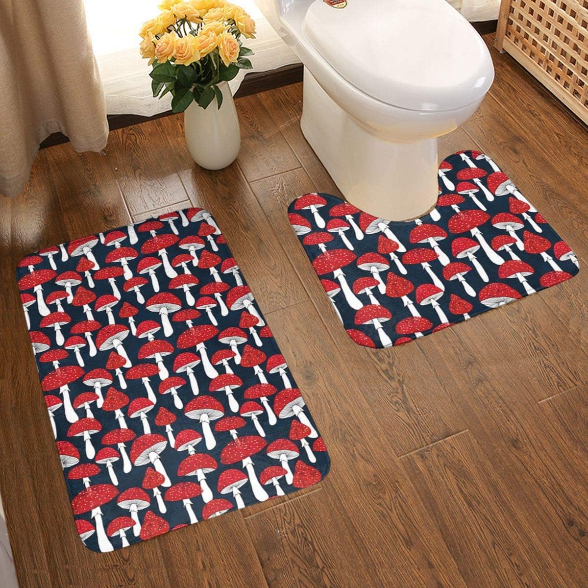 Utdestine Bathroom Mat Red Mushroom 2 PCS Bathroom Antiskid Pad Carpe