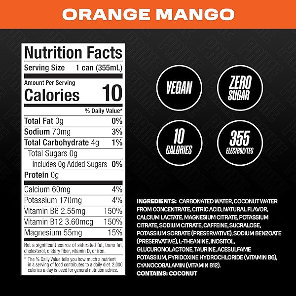 PRIME ENERGY ORANGE MANGO | ZERO SUGAR ENERGY DRINK | PREWORKOUT ENERGY | 200MG CAFFEINE WITH 355MG OF ELECTROLYTES AND COCONUT WATER FOR HYDRATION| VEGAN | GLUTEN FREE |12 FLUID OUNCE | 12 PACK