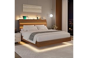 Feonase Floating Bed Frame Queen with Led Lights and Charging Station, Wood Full Size Bed Frame with Storage Headboard, Heavy Duty Metal Slats, No Box Spring Needed, Easy Assembly,Walnut