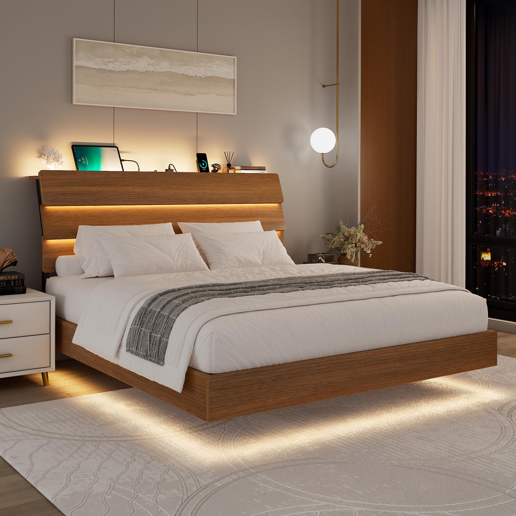 Photo 1 of  Bed Frame Full with GLASS BACK Wood Full Size Bed FrameWalnut