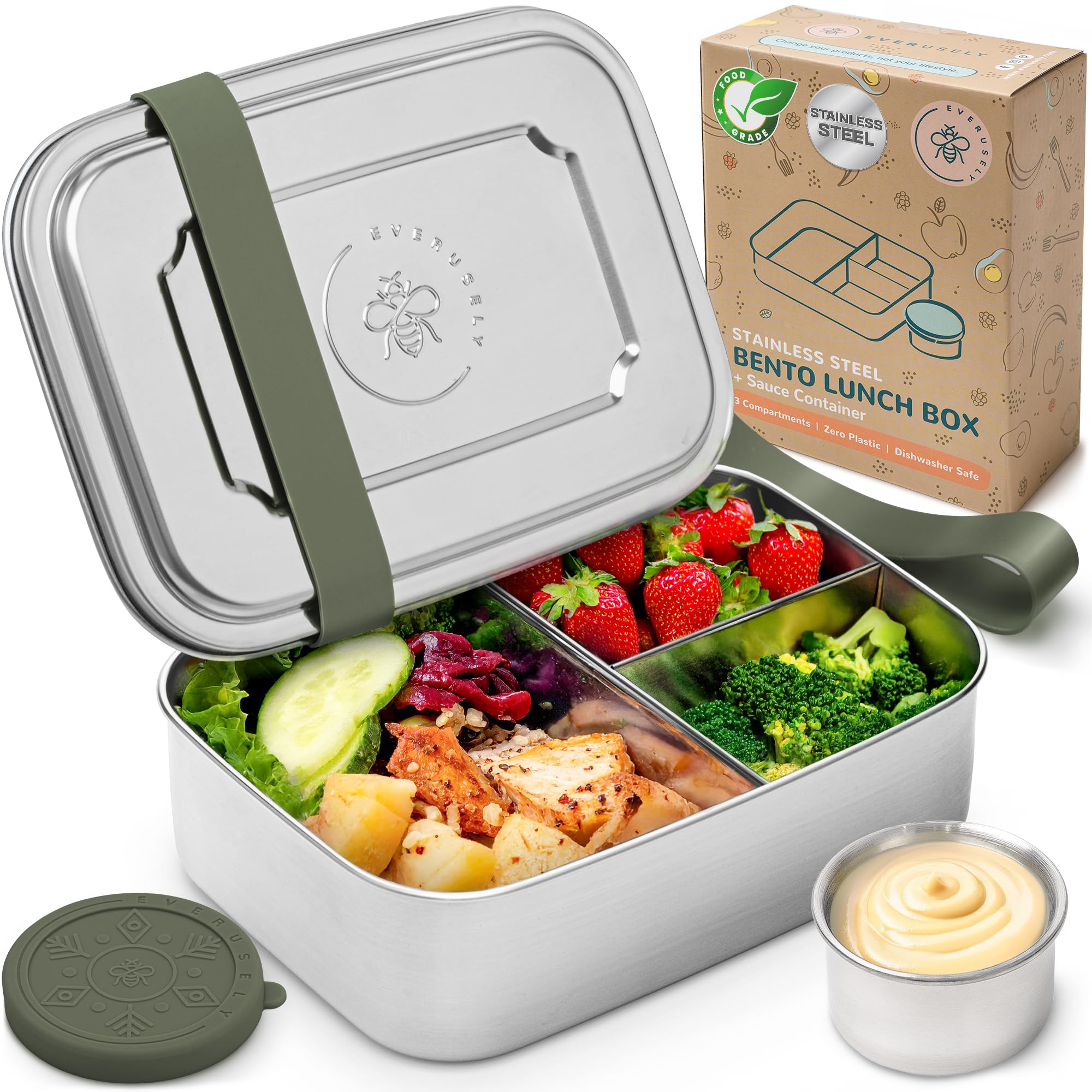 Photo 1 of Everusely - Bento Box - Sage, 47oz / 1.4 L - Stainless Steel Lunch Box with Leakproof Condiment Container - 3 Compartment Snack Organizer for On the Go Meals - Freezer & Dishwasher Safe