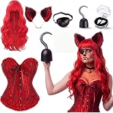 Hercicy 7 Pcs Fox Costume for Women, Halloween Anime Cosplay Accessories | Red Cosplay Wig, Eye Patch Fox Ear Corset Teeth Pirate Plastic Hook for Halloween Party Costume Fox Cosplay Dress up