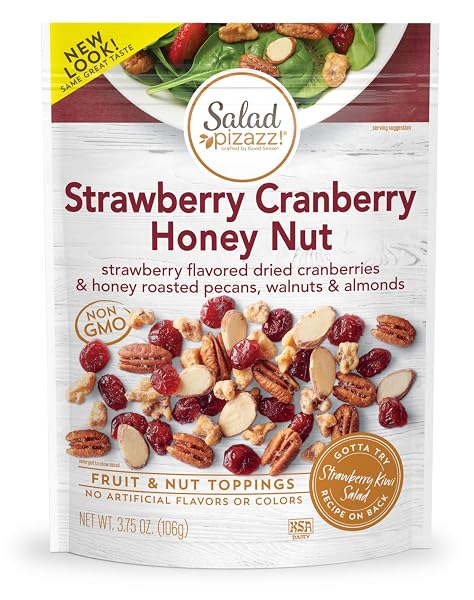 SALAD PIZAZZ! DRIED STRAWBERRY FLAVORED CRANBERRIES & HONEY ROASTED PECANS, WALNUTS & ALMONDS SALAD TOPPER – 3.75 OUNCE ONE