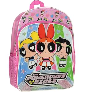 Fast Forward The Powerpuff Girls Backpack Blossom Buttercup Bubbles 16" Sparkly Bookbag with Adjustable Padded Straps