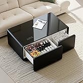 Smart Coffee Table with 93L Fridge &amp; Freezer, Speaker, Wireless Charging | Quiet 36dB Fridge &amp; Freezer Drawers with Blue Music-Sync Lights &amp; 3 USB Charging Ports (2A+1C), No Assembly Required