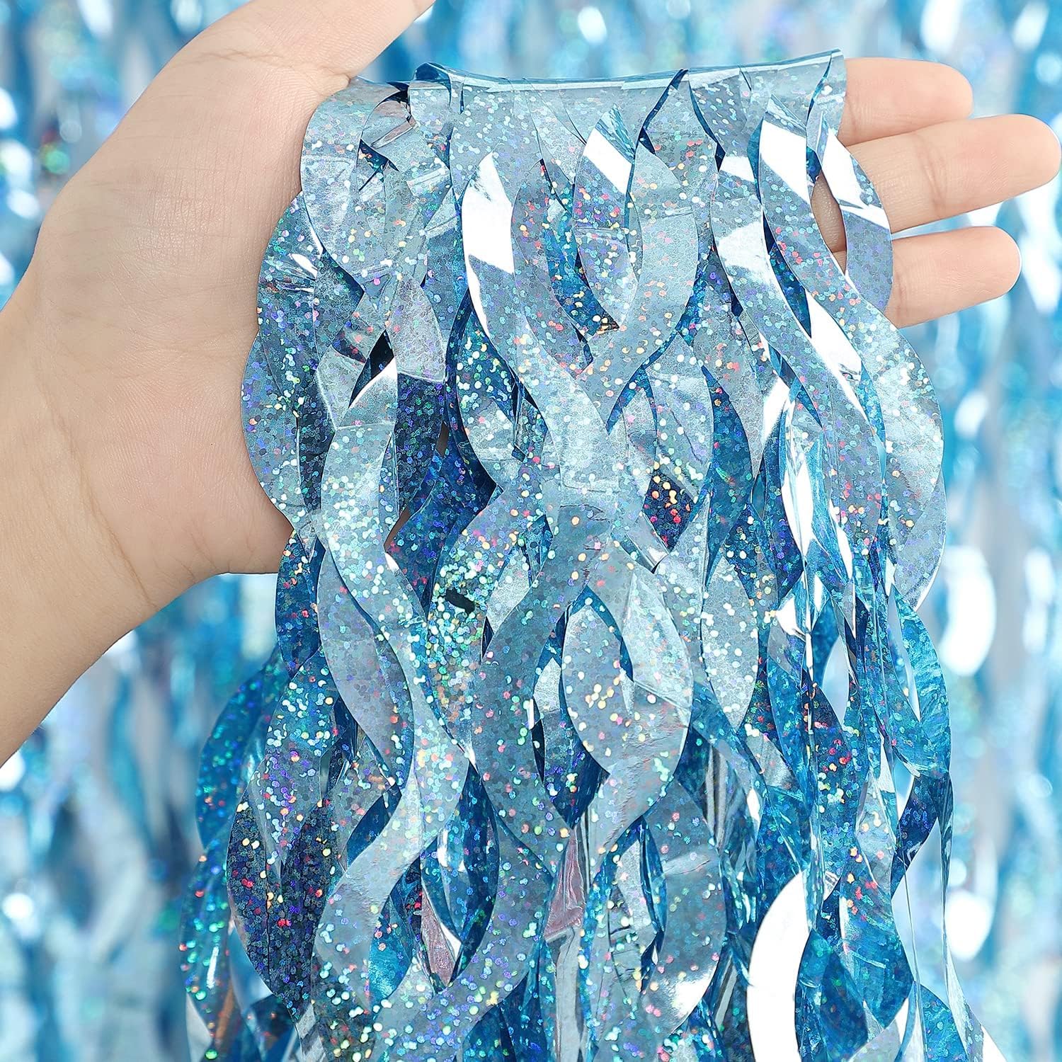 Photo 1 of 4 Pack Light Blue Party Foil Curtain - CYLMFC 3.3 ft x 6.6 ft Wavy Photo Booth Backdrop Metallic Tinsel Foil Fringe Curtains Environmental Background for Birthday Wedding Party Christmas Decorations