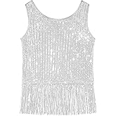 Noomelfish Girls Sequin Fringe Crop Tops Tassel Sparkly Glitter Dance Sleeveless Tank Shirt (5-12 Years)