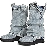 Kalstage Womens Denim Mid Calf Boots Fold Over Slouchy Platform Wedge Booties Vintage Y2k Shark Jean Boots