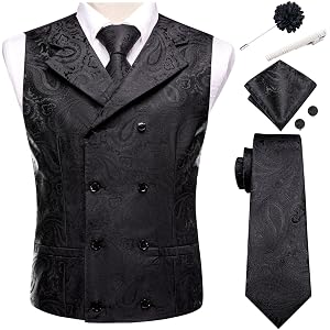 Hi-Tie Double Breasted Suit Vest Tie Set For Men Waistcoat Lapel Pin Handkerchief Cufflinks Tie Clip Suit Tuxedo 6Pcs
