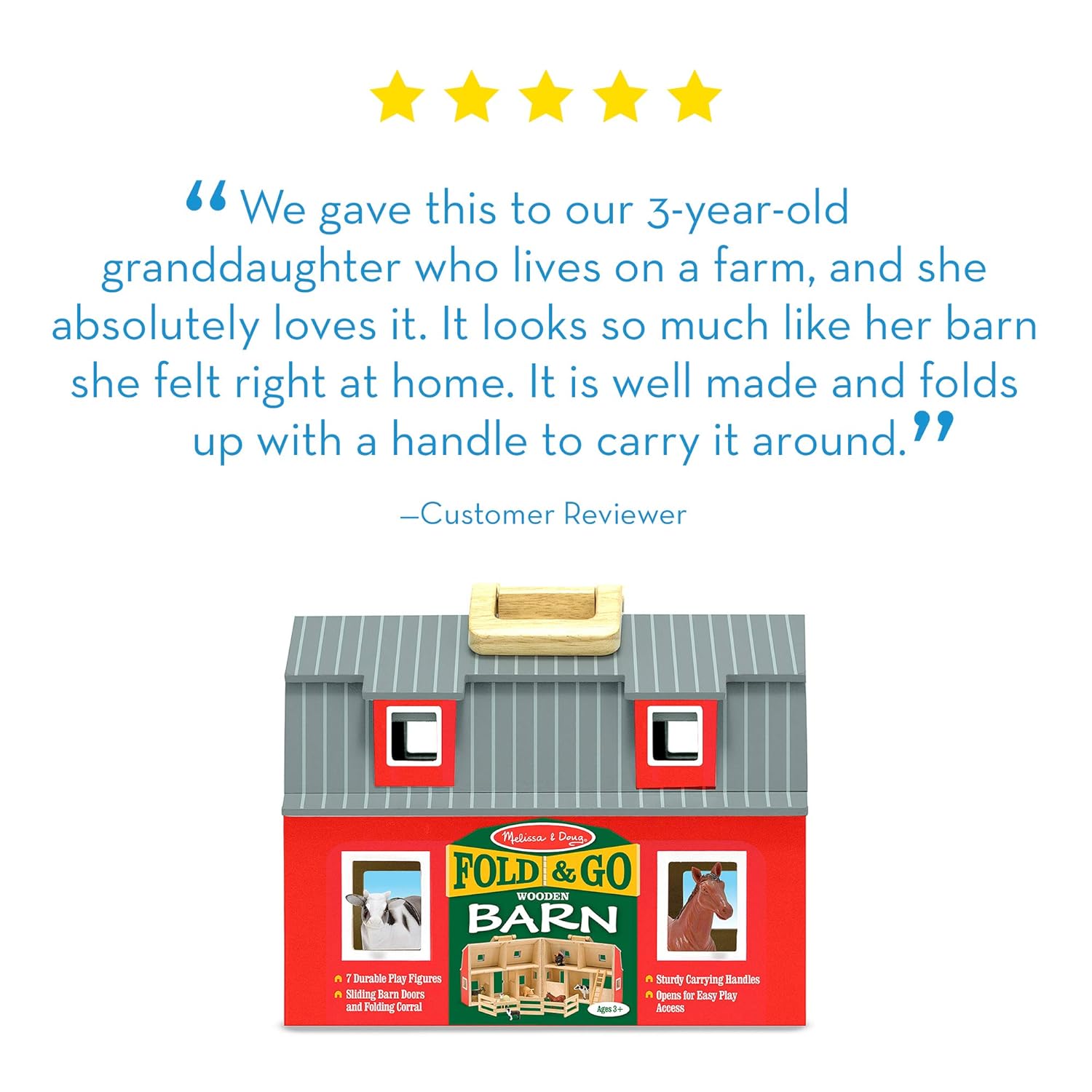 melissa & doug fold and go wooden barn with 7 animal play figures