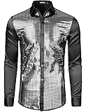 JOGAL Mens 70s Disco Shirt Silver Sequins Party