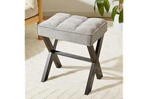 Chilihom Vanity Stool Vanity Chair, 18 Inch Makeup Vanity Stool Chair, Padded Piano Stool, Square Foot Stool Ottoman Foot Rest with Metal X Legs for Makeup Room, Living Room, Bathroom, Grey
