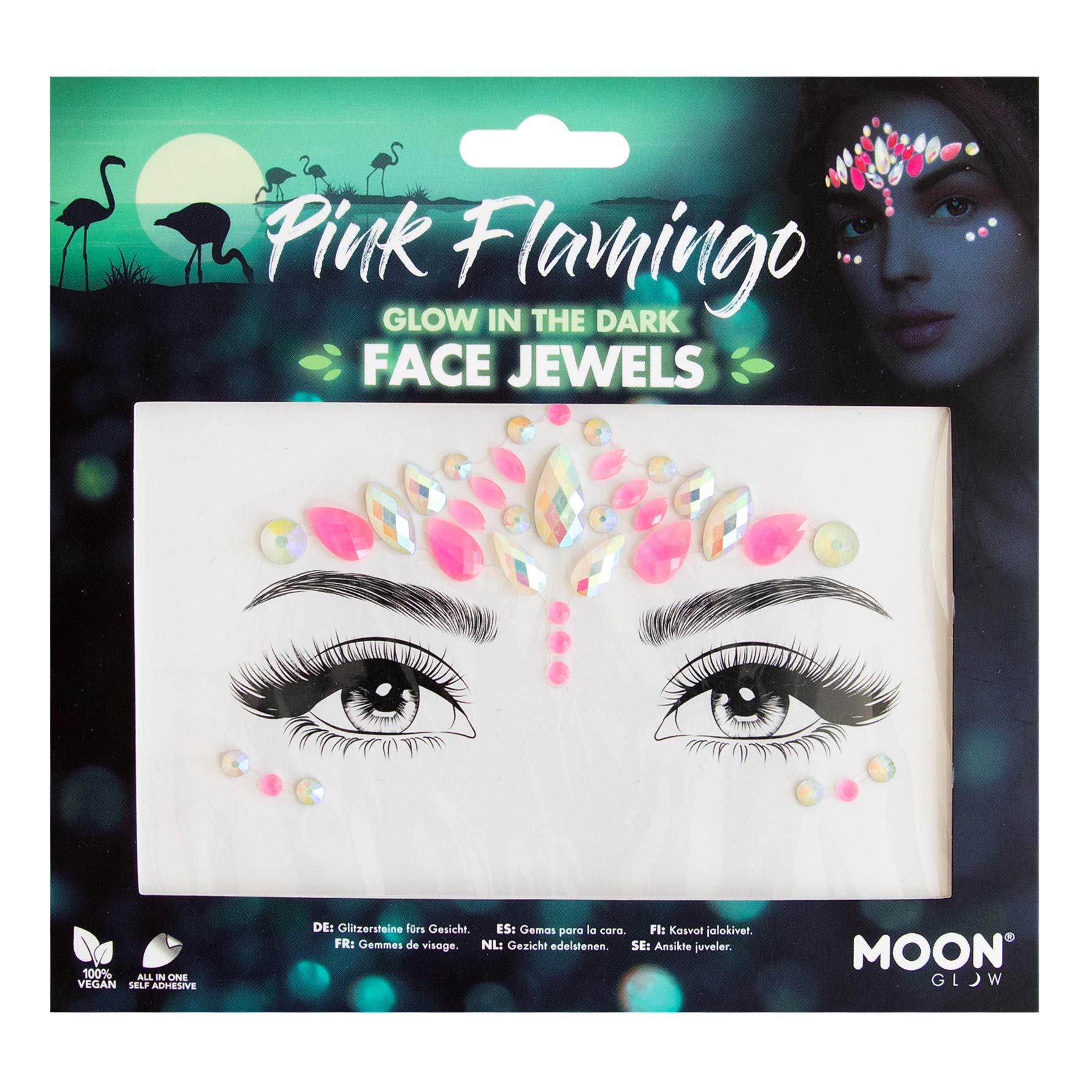 Glow in the Dark Face Jewels by Moon Glow - Festival Face Body Gems, Crystal Make up Eye Glitter Stickers, Temporary Tattoo Jewels (Pink Flamingo)