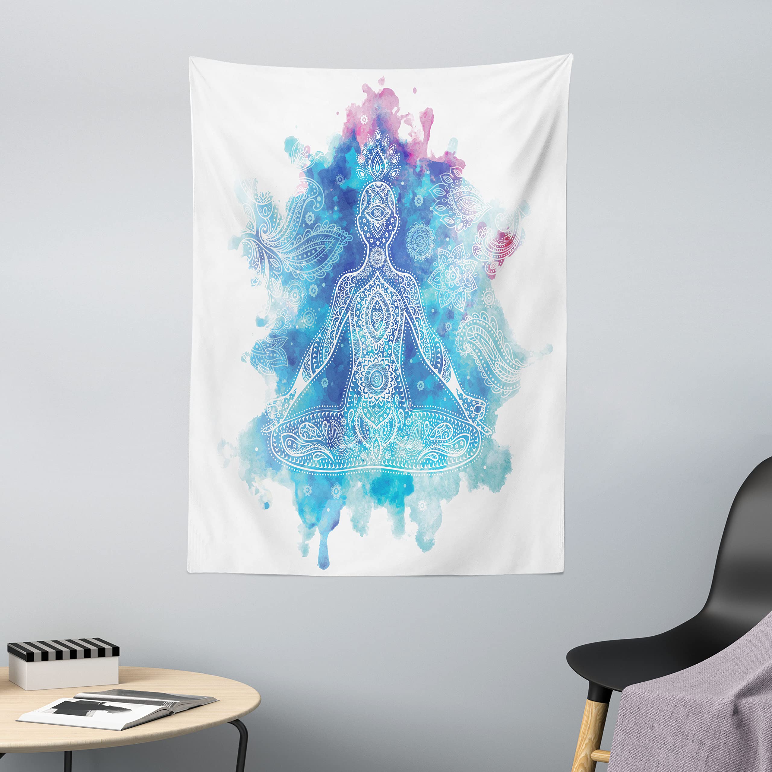 ABAKUHAUS Chakra Tapestry, Damask Stencil Painted Oriental Mandala Design Harmonized Aqua Watercolor, Fabric Wall Hanging Decor for Bedroom Living Room Dorm, 43 W X 58 L, Dried rose