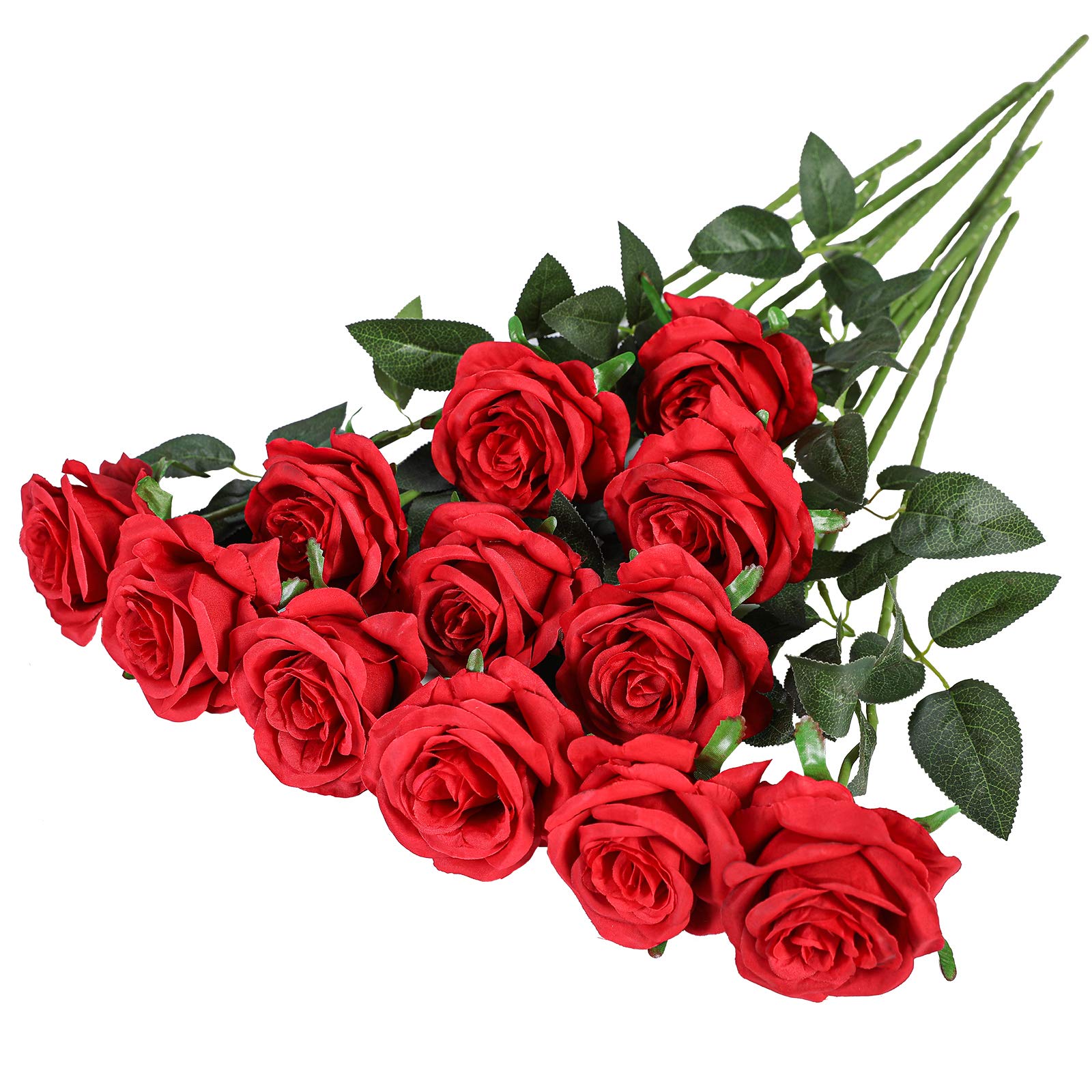 Hawesome 12PCS Artificial Roses Fake Flowers Single Long Stem Roses Wedding Decoration Bridal Bouquet Decorative Flower Arrangement Home Decoration Party Centerpieces in Red White (A Red)