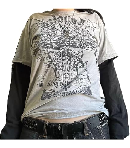 AIDISEN Goth Shirt Fake Two Piece Alternative Clothing Retro Baggy
