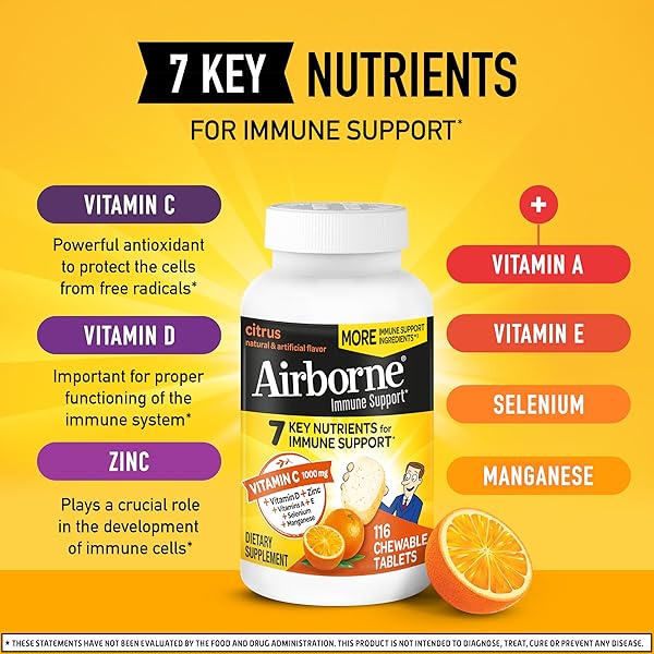 AIRBORNE VITAMIN C 1000MG (PER SERVING) – CITRUS CHEWABLE TABLETS (116 COUNT IN A BOTTLE), GLUTEN-FREE IMMUNE SUPPORT SUPPLEMENT, WITH VITAMINS A C E, ZINC, SELENIUM, ECHINACEA, GINGER, ANTIOXIDANTS