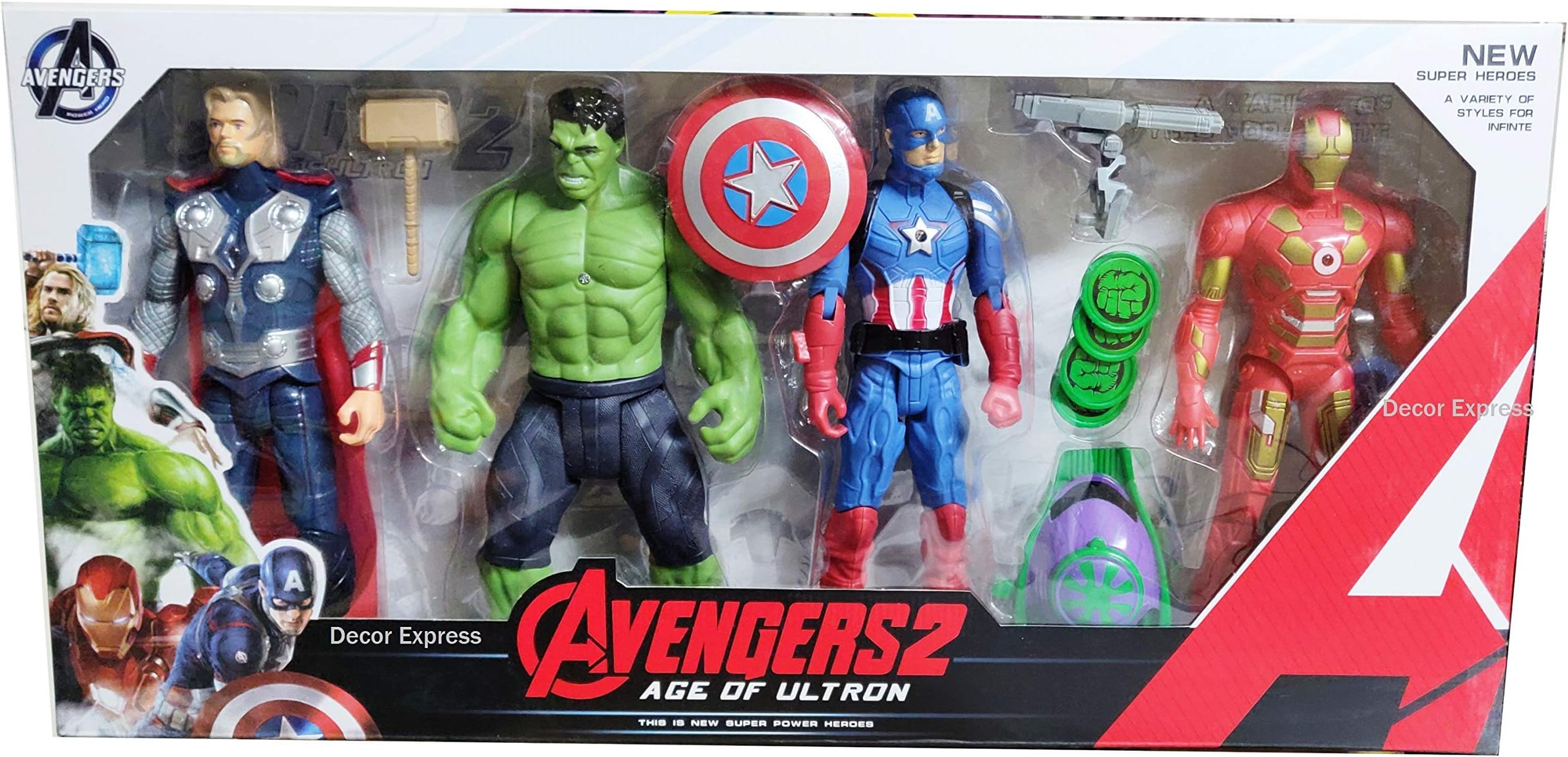 DECOR EXPRESS 4 in 1 Avengers Set 12 Inch Action Figures with Disc Launcher - Captain America, Iron Man, Hulk, Thor - Action Toys for Kids, Age of Ultron - 30 cm Tall(Free Gift Inside)