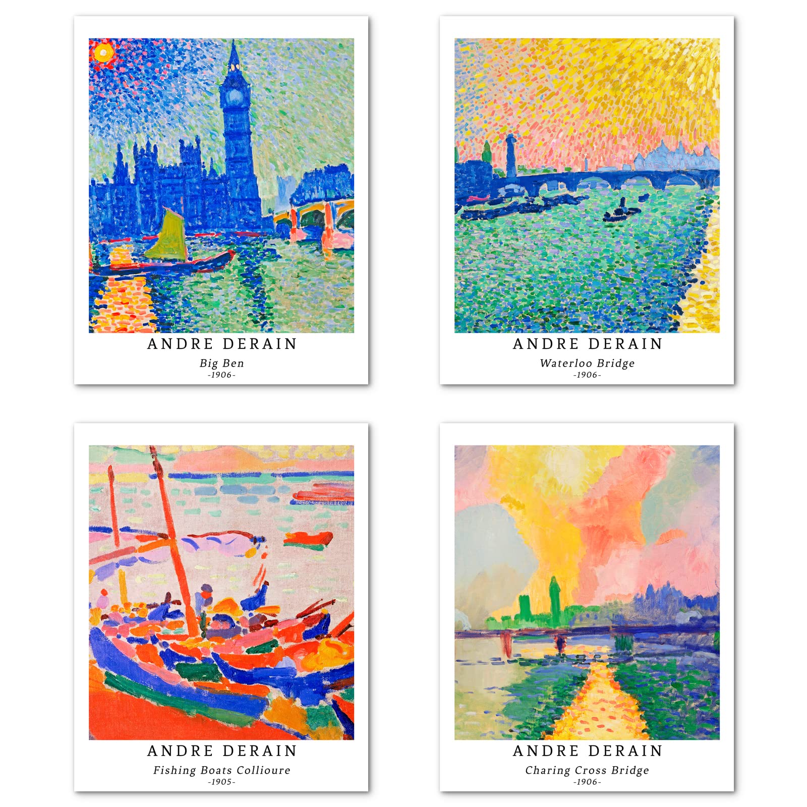 Berkin Arts Wall Art Unframed Prints Giclee Art Paper Set of 4, 8x10 inch Landscape Artwork, Home Decoration Vintage Multicolor Aesthetic Pink Cityscape Seascape Birthday Gift Andre Derain Prints