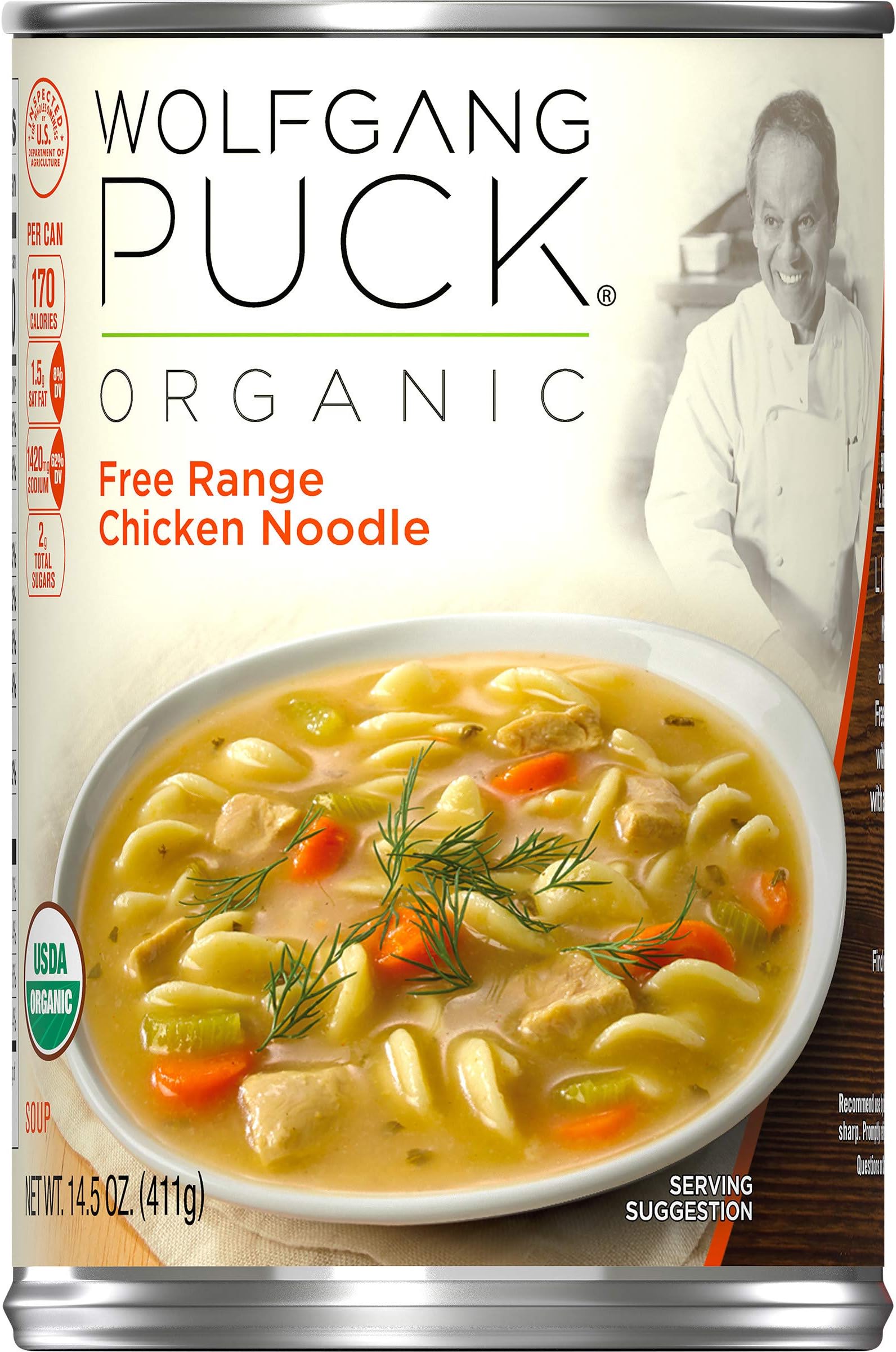 Wolfgang Puck Organic Free Range Chicken Noodle Soup, 14.5 oz  Wolfgang Puck Organic Hearty Garden Vegetable Soup, 14.5 oz  Wolfgang Puck Organic Free Range Chicken with White & Wild Rice Soup, 14.5 oz  Wolfgang Puck Organic Signature Tortilla Soup, 14.5 oz.  Wolfgang Puck Organic Tomato Basil Bisque, 14.5 oz.  Wolfgang Puck Organic Signature Butternut Squash Soup, 14.5 oz. Can  Wolfgang Puck Organic 25% Less Sodium Tomato Basil Bisque, 14.5 oz.