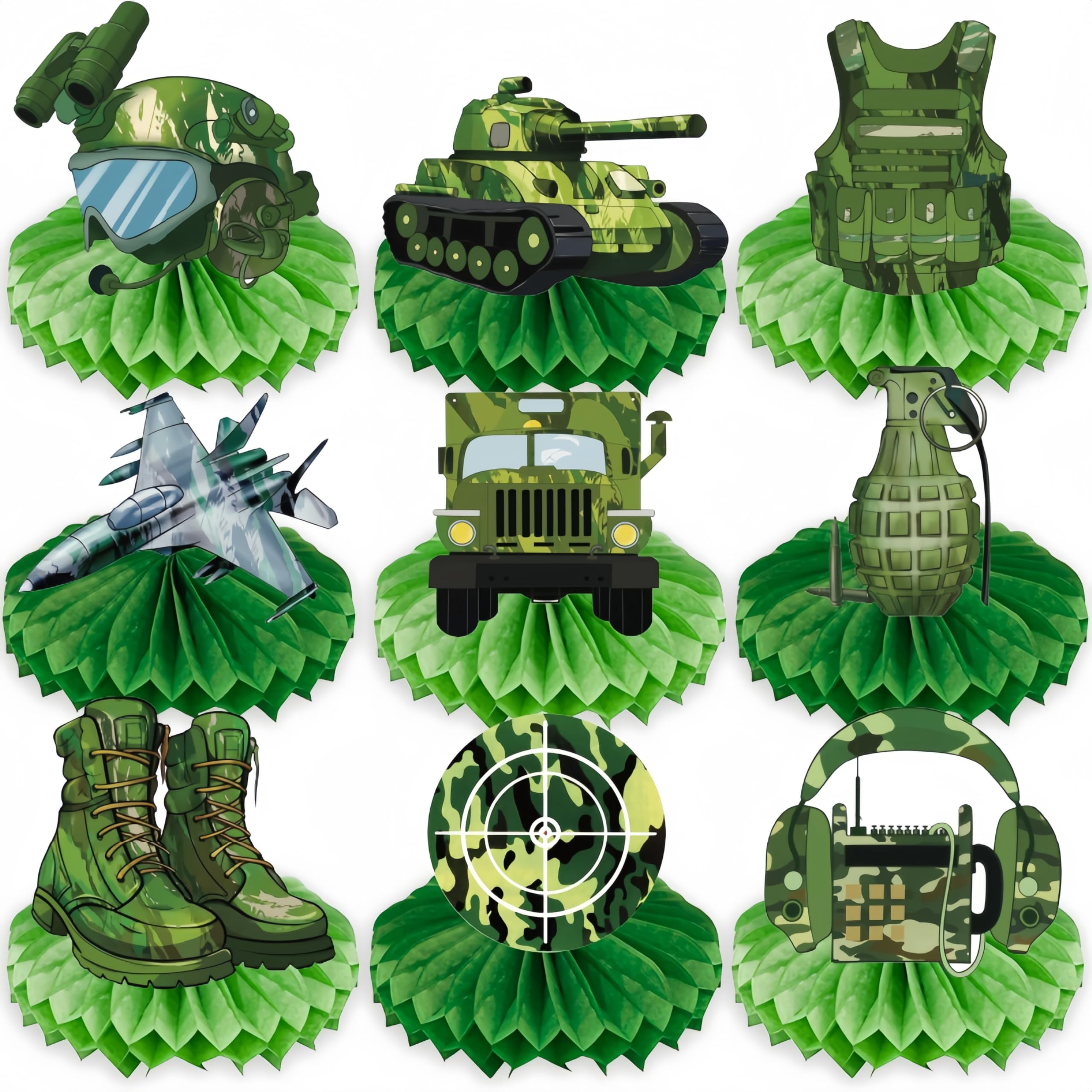 Photo 1 of 9 Pieces Army Party Decorations Camouflage Birthday Party Military Honeycomb Centerpieces Table Decor Cake Toppers for Birthday Retirement Baby Shower Supplies Photo Prop