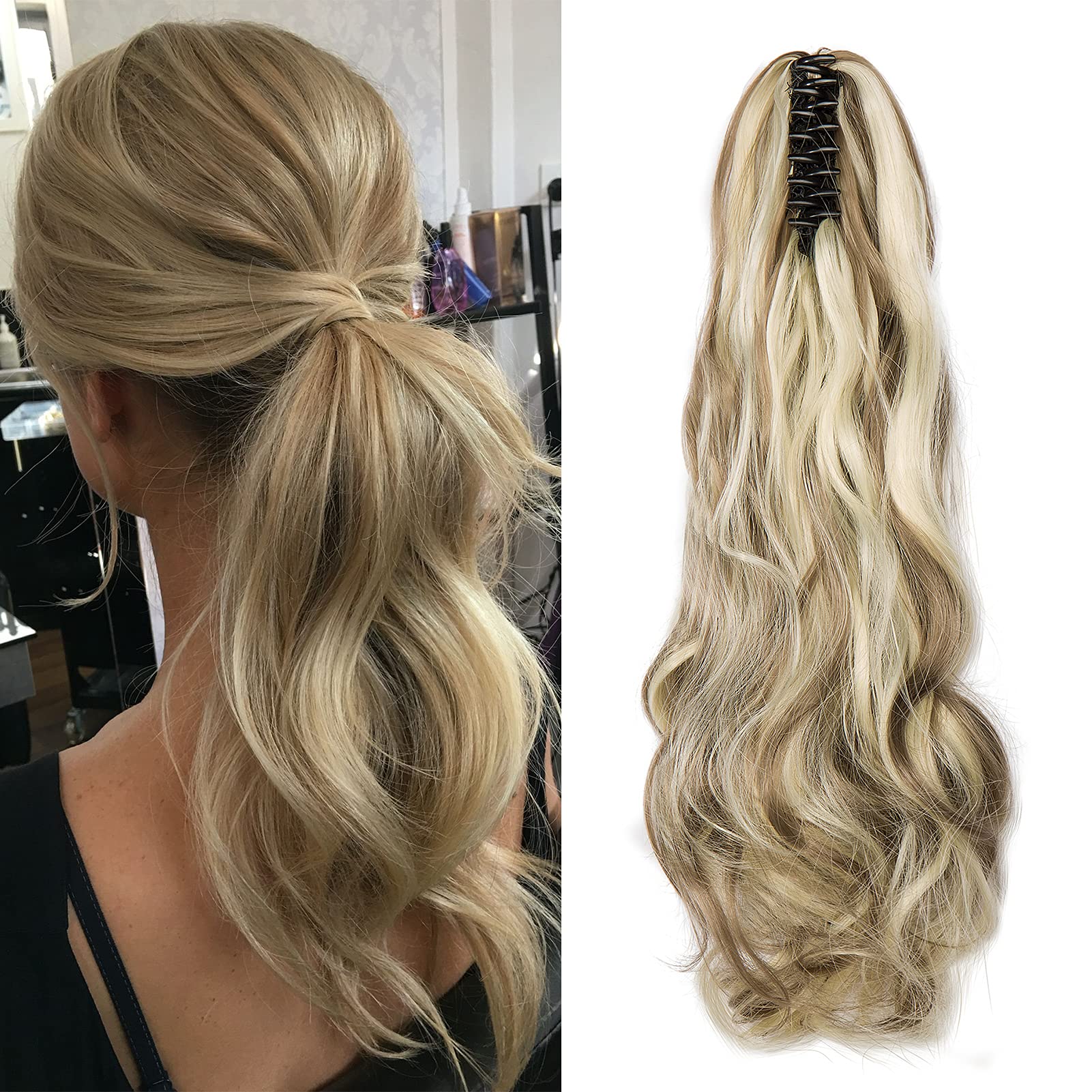 Cybelleza Ponytail Extension Curly Wavy Claw Jaw Pony Tail One Piece Clip in Hair Extensions Hairpiece Synthetic Long Natural for Women (Ash Blonde&Bleach Blonde)
