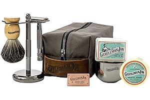 Gentleman Jon Deluxe Vintage Shaving Kit for Men - Men's Shaving Set Gifts, Compact Design, Includes Safety Razor and Brush Stand, Brush, Potassium Alum Block, Soap, Stainless Bowl, Stand & Dopp Kit