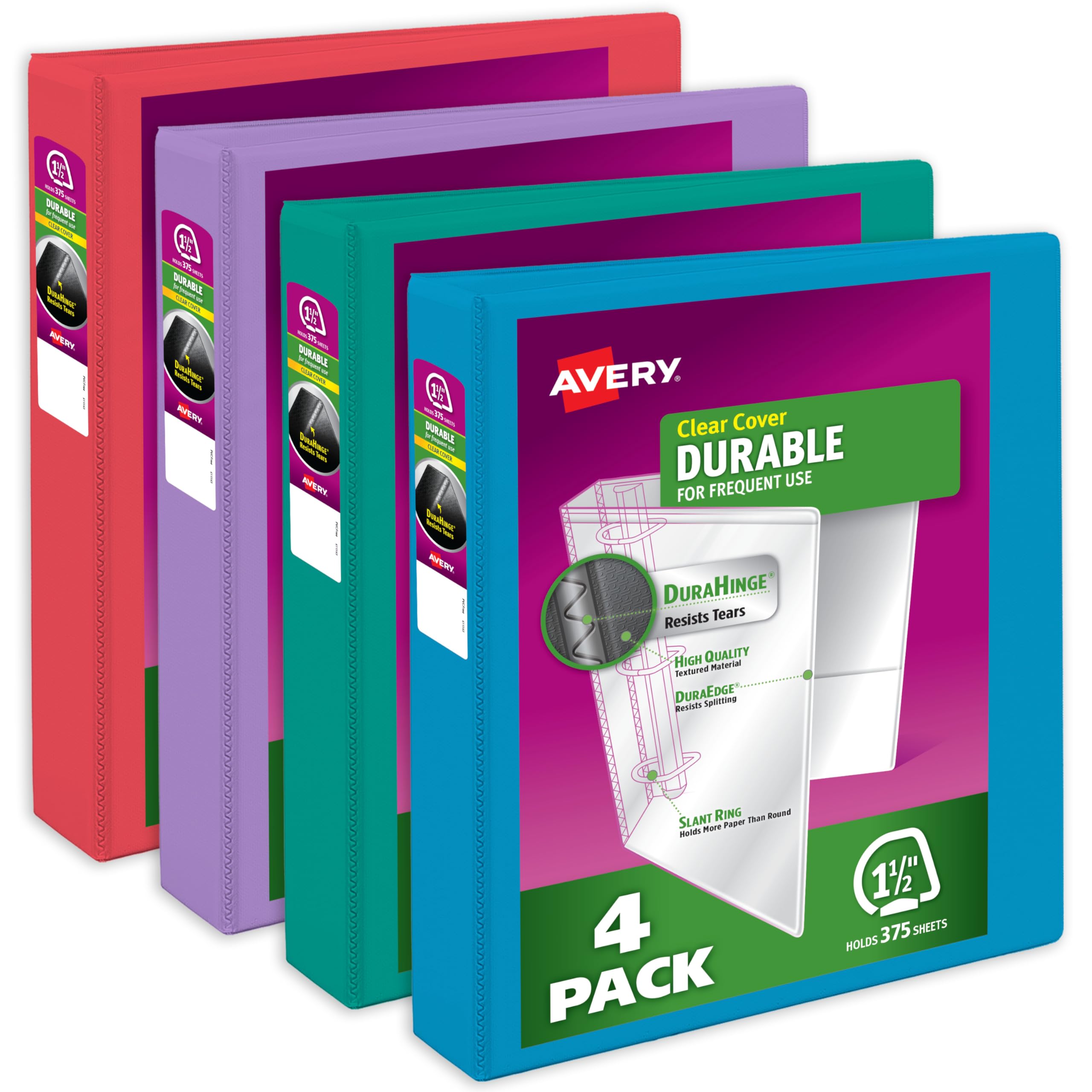 Avery Durable View Binder Multipack, 1.5 Inch 3 Ring Binder, Assorted Colors, 4 Pack (05687) — image 1