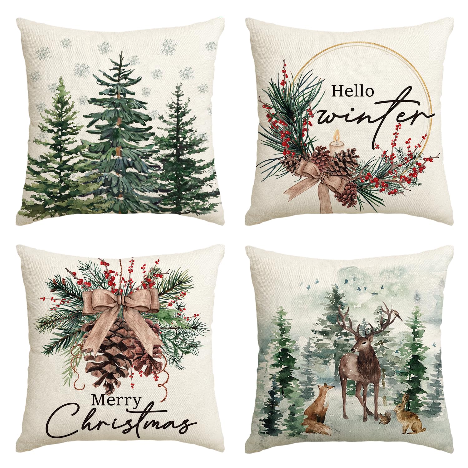 Artoid Mode Pine Trees Reindeer Christmas Cushion Covers Set of 4, 50x50 cm Winter Xmas Decorative Pillow Case Cover Sofa Living Room Decor