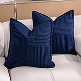 Puncuntex Navy Blue Throw Pillow Covers 18×18 Inches Set of 2 Corduroy Boho Decorative Soft Square Striped Cushion Covers for Couch Sofa Living Room 45×45CM