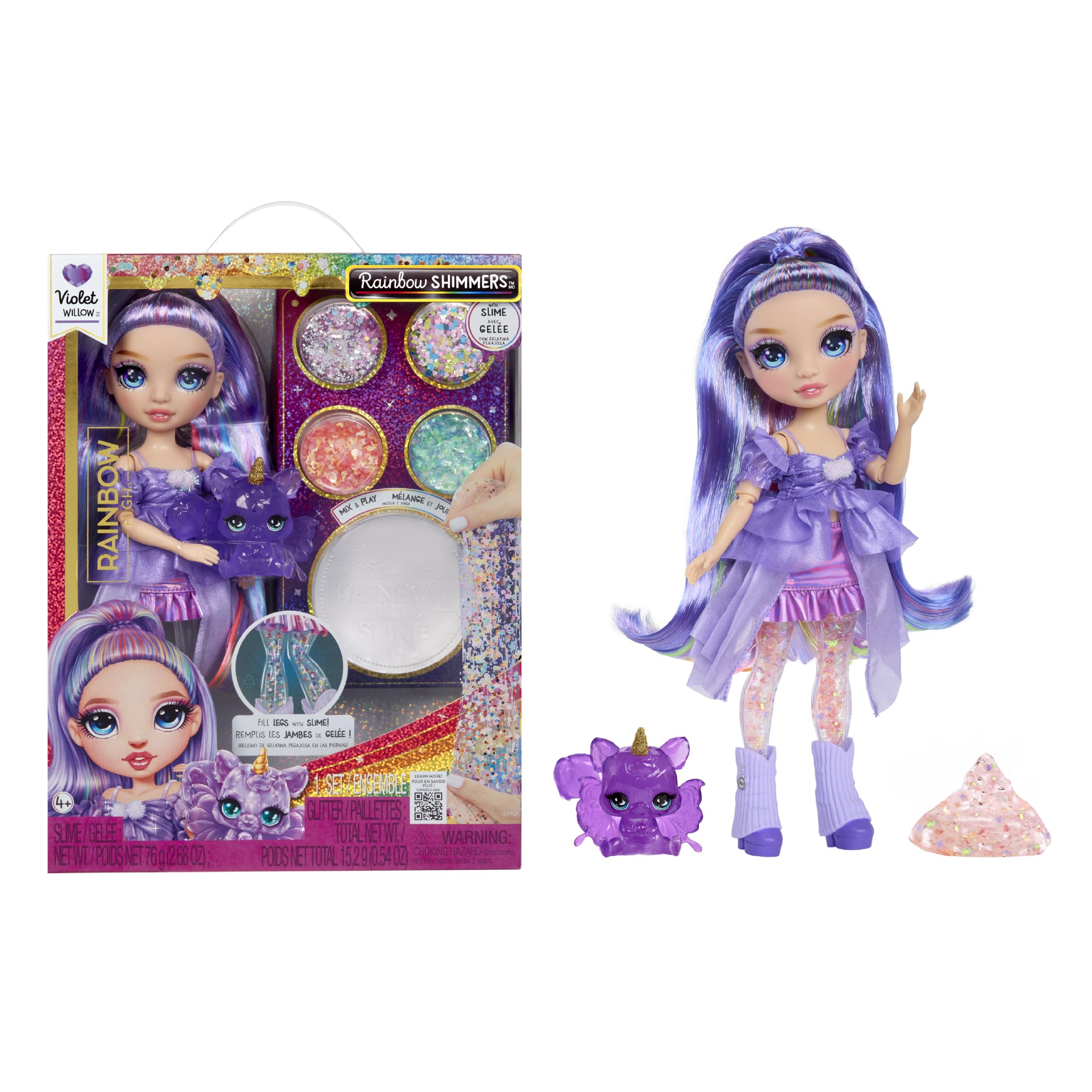 Rainbow High Rainbow Shimmers with Slime - Violet, porpora - Bambola Fashion di 28 cm, con Kit Slime e uno Scoiattolo come Animaletto Domestico, Età 4+