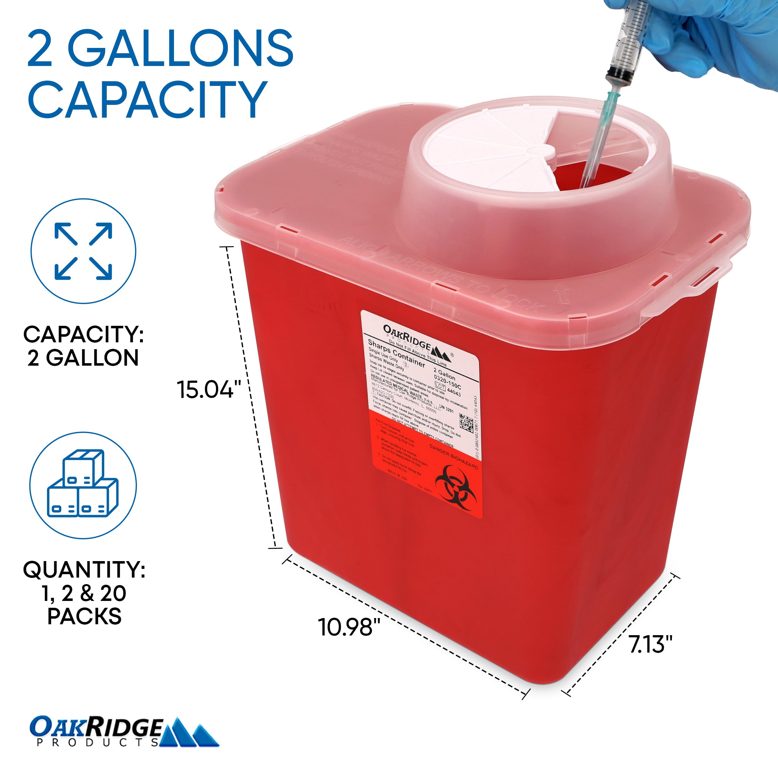Oakridge Products Large Sharps Container for Home Use and Professional 2 Gallon (1-Pack) with Chimney Top, Biohazard Needle and Syringe Disposal, CDC Certified