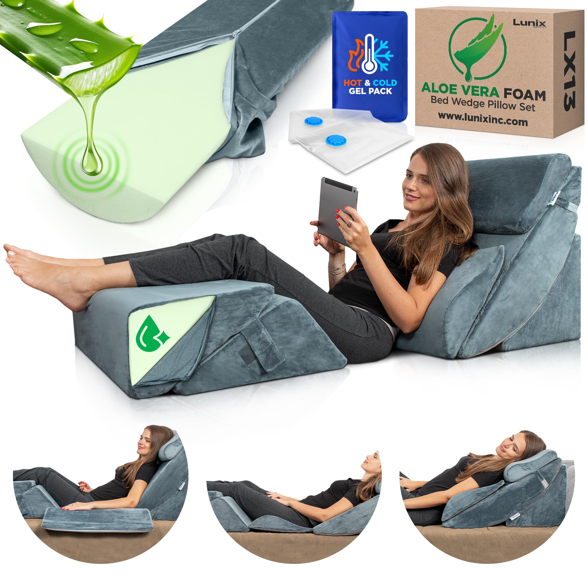 Photo 1 of Lunix 6pcs Orthopedic Bed Wedge Pillow Set, Post Surgery Aloe Vera Memory Foam for Back, Neck, Leg Pain Relief, Adjustable Sitting Pillow for Sleeping, Acid Reflux and GERD, with Hot Cold Pack, Navy