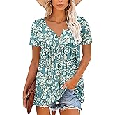 Mystry Zone Womens Henley V Neck Casual Blouse Button Down T Shirts Flare and Flowy Tops