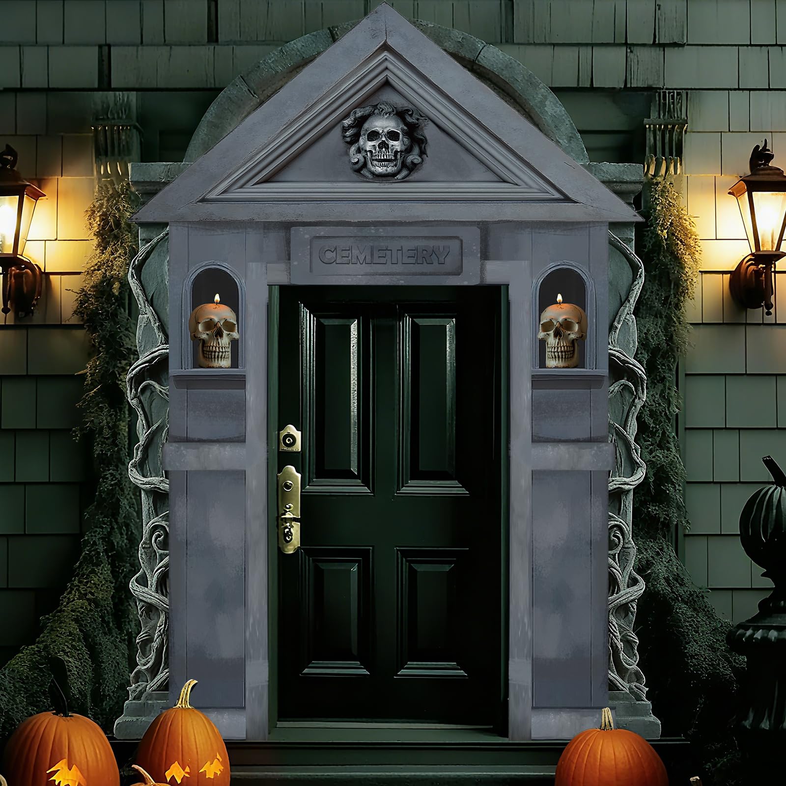 Photo 1 of 3 Pcs Halloween Cemetery Archway Halloween Cemetery Door Banners Decorations Tombstone Gothic Outdoor Sign Banner Hanging Backdrop Background for Home Wall Haunted House Party Supplies