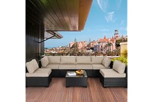 Valita 7 Piece Outdoor PE Wicker Furniture Set, Patio Black Rattan Sectional Sofa Couch with Washable Khaki Cushions…
