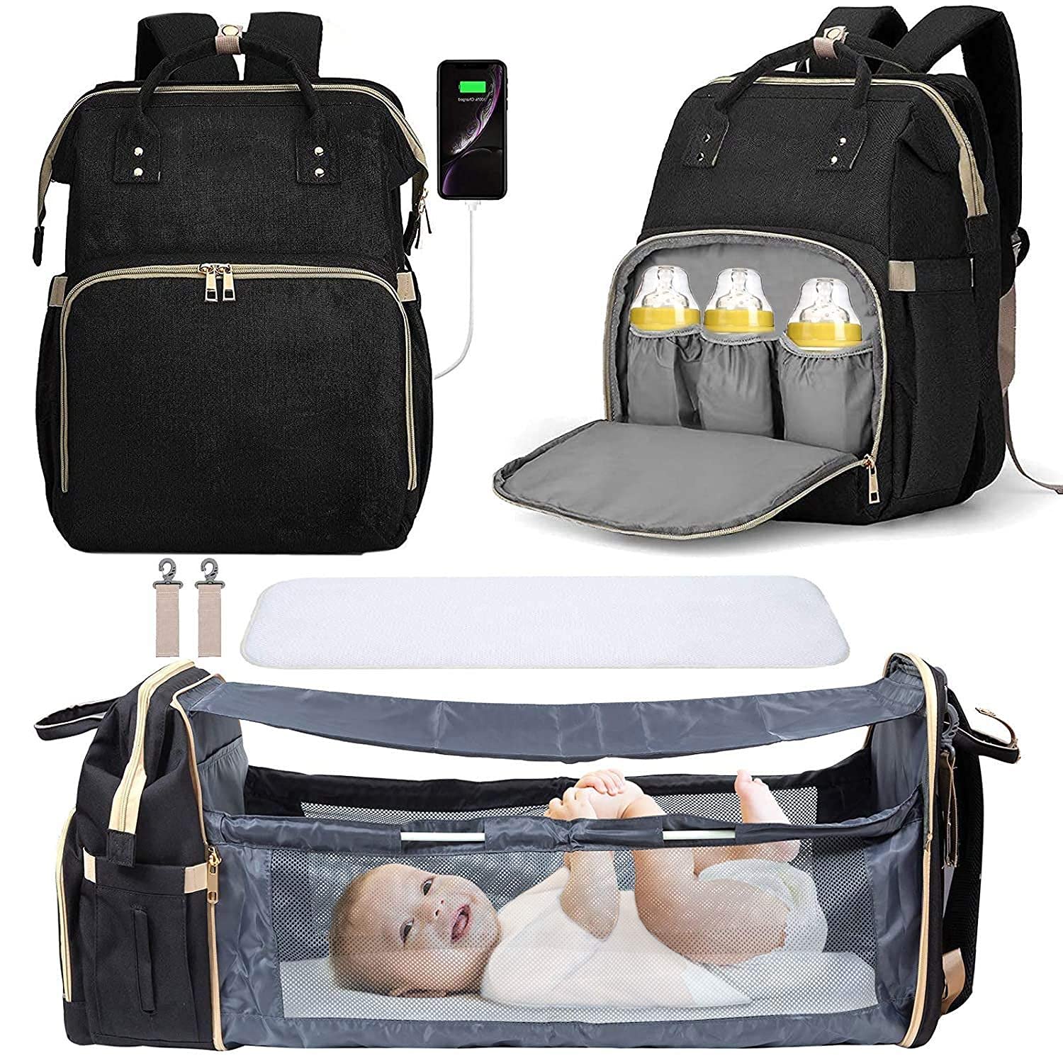 3 in 1 Travel Bassinet Foldable Baby Bed, Diaper Bag Backpack Changing Station, Waterproof, USB Charging Port, Baby Bag Portable Crib