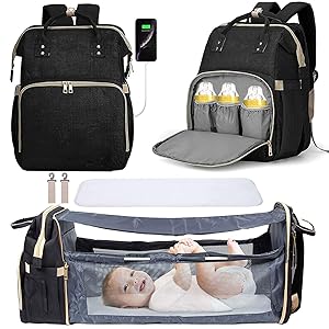 3 in 1 Travel Bassinet Foldable Baby Bed, Diaper Bag Backpack Changing Station, Waterproof, USB Charging Port, Baby Bag Portable Crib