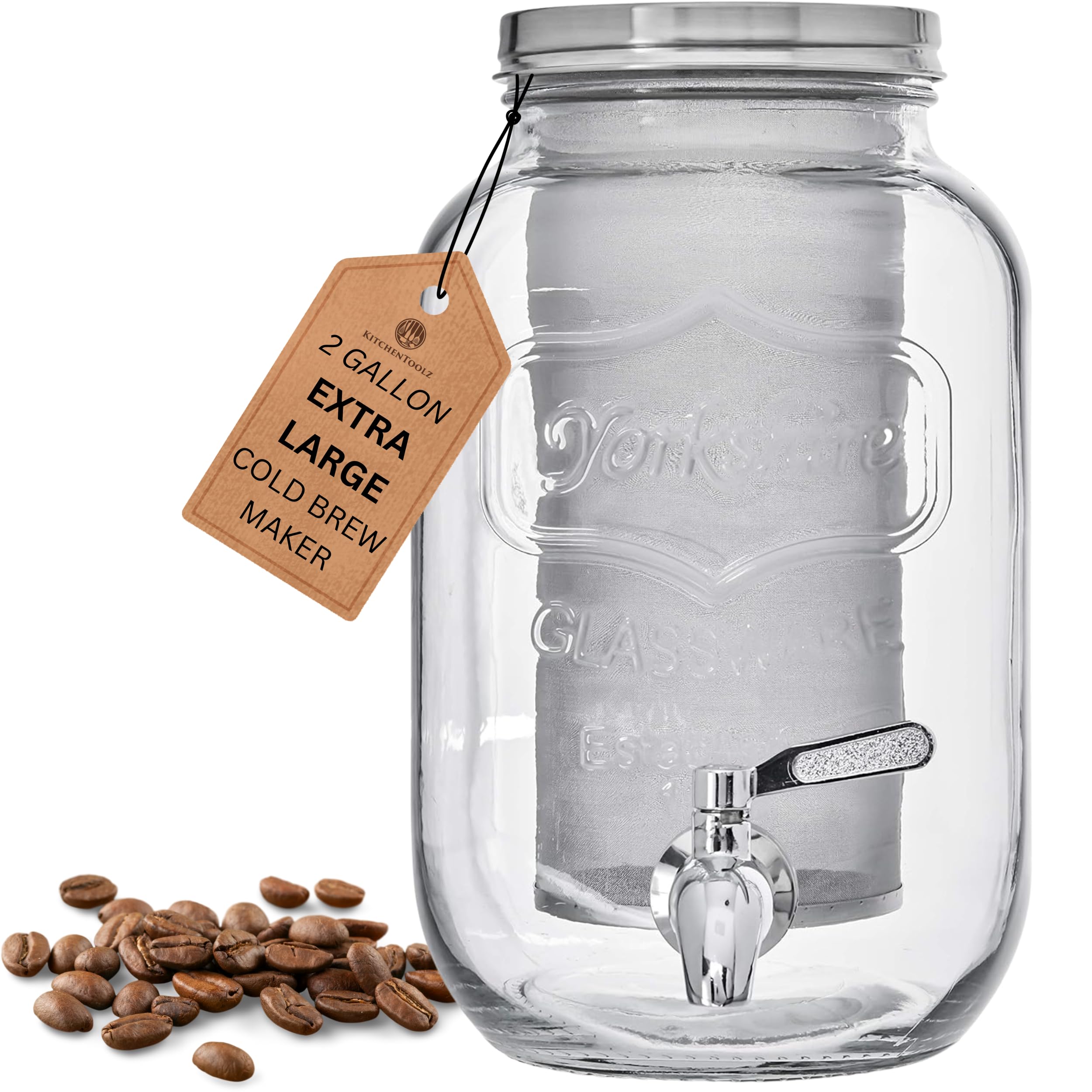 Photo 1 of 2-Gallon Cold Brew Coffee Maker – Commercial Size Extra Large Glass Dispenser with Metal Spigot, Reusable Metal Filter & Airtight Lid – Big Batch Brewing by KitchenToolz