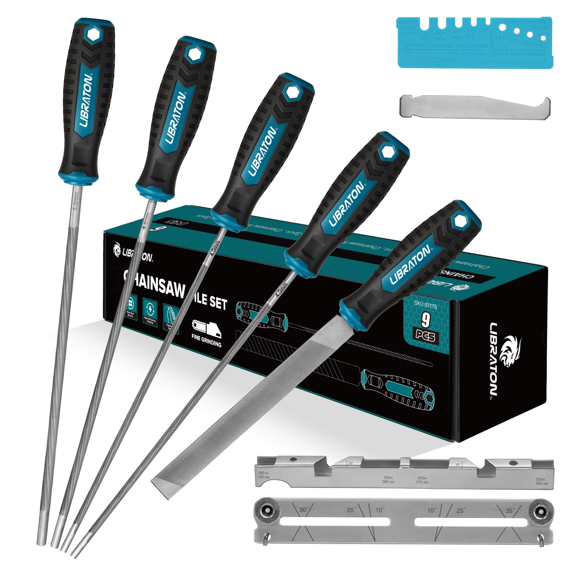 Photo 1 of LIBRATON Chainsaw File Set, 5/32", 3/16", 7/32" Chainsaw Sharpening File, Chainsaw Sharpener, Round Saw Chain File, 6" Flat File, Depth Gauge, Filing Guide, Check Gauge, Bar Groove Cleaner, Pouch
