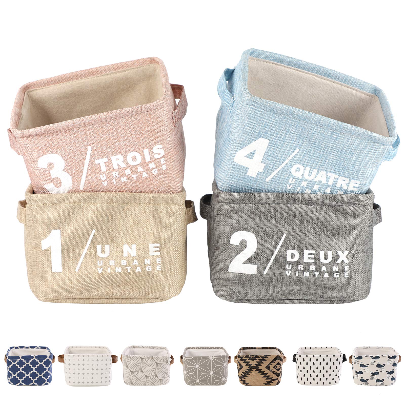 LessMo 4 Pack Storage Baskets, Collapsible Mini Storage Boxes, Canvas Fabric Waterproof Storage Bins made from Cotton and Linen, for Toys, Bathroom, Closets, Playroom (DELUXE, Thick fabric)