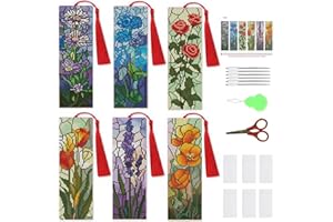 NEGEKFKX 6 Pcs Cross Stitch Bookmark Kit for Adult Beginners,Broken Glass Flowers Cross Stitch Kits 14 CT DIY Cross Stitch Kits Adult Stamped Bookmark Embroidery Bookmarks Kit