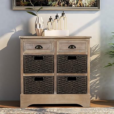 Harper &amp; Bright Designs Rustic Storage Cabinet with Two Drawers and Four Classic Fabric Basket for KitchenDining RoomEntrywayLiving Room, Accent Furniture White Washed