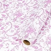 LaRibbons Pink Bow Floral Wrapping Paper Roll – 17 inch x 33 feet, Vintage Toile Stone Paper Design for Valentine's Day, Wedding, Baby Girl Shower, Bridal Shower